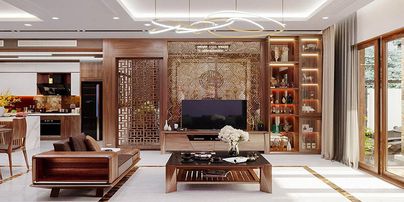 Thiết kế phòng khách đẹp gỗ tự nhiên