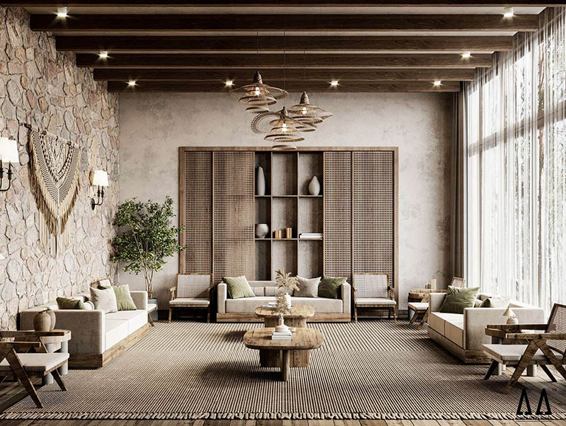 Thiết kế phòng khách Rustic gỗ tự nhiên